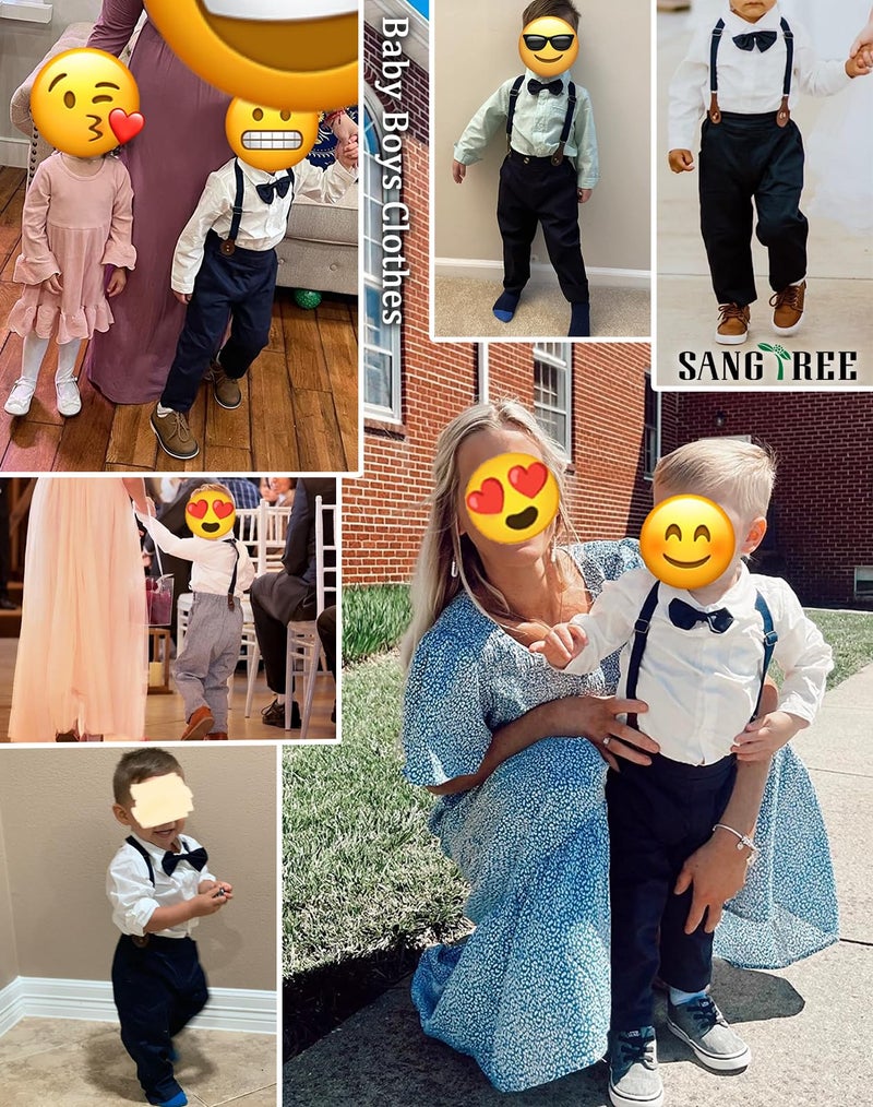 SANGTREE Baby Boys Dress Clothes, Toddlers Boys Long Sleeves Button Down Plaid Dress Shirt with Bowtie + Suspender Pants Set Wedding Outfit, Light Blue Blue, Tag 120 = 3-4 Years - Image 3
